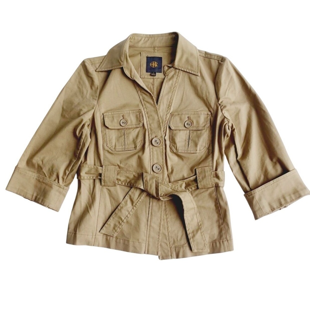 OBR Cropped Trench Coat Women M Tan 3/4‎ Sleeves Belt Layer Office Outback Red